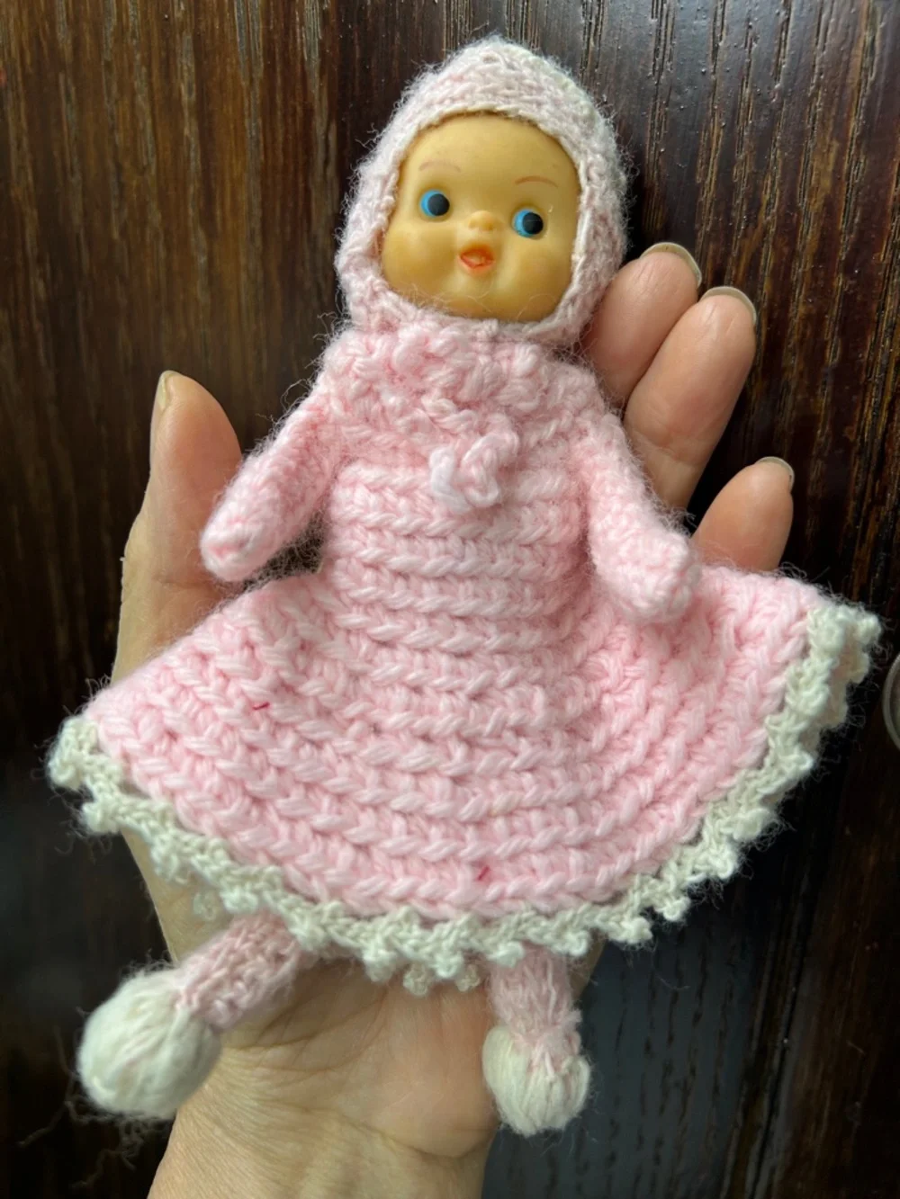 VTG Handmade Kewpie Blue Eyed Baby Doll Soft Vinyl Face Pink Crochet Kawaii 7